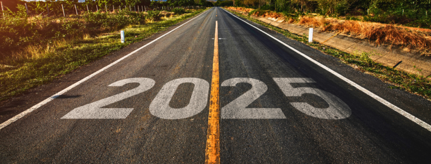 An open road stretching into the horizon with the year '2025' painted on the asphalt, symbolizing a journey toward the future. Surrounded by greenery and mountains in the distance under a warm sunset glow.